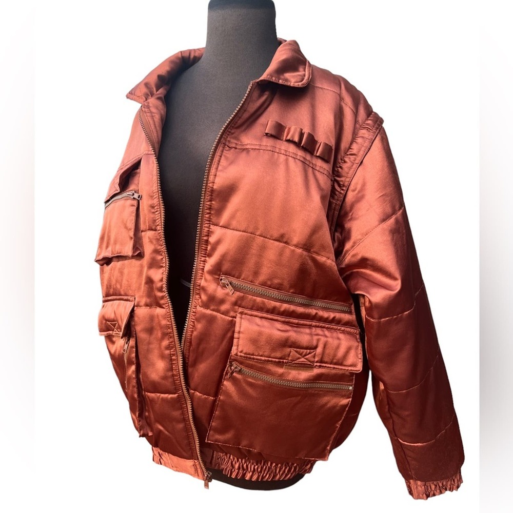 VINTAGE  Metallic Orange Puffer coat vest combo Ski Jacket Streetwear Pockets